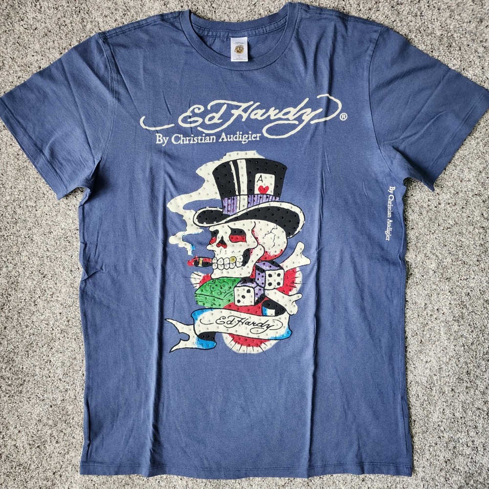 Ed Hardy T-Shirt Mens Large Y2K Rhinestone Skull Top Hat NWOT